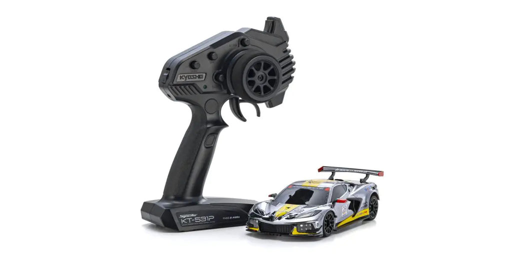 MINI-Z RWD MR-04 readyset CHEVROLET\u00ae CORVETTE\u00ae C8.R Chrome / Yellow Kyosho America 20th Anniversary - view 1