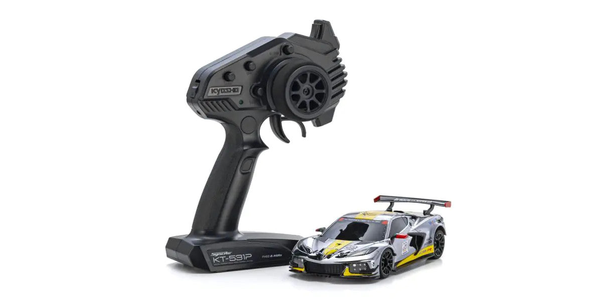 MINI-Z RWD MR-04 readyset CHEVROLET\u00ae CORVETTE\u00ae C8.R Chrome / Yellow Kyosho America 20th Anniversary - view 1