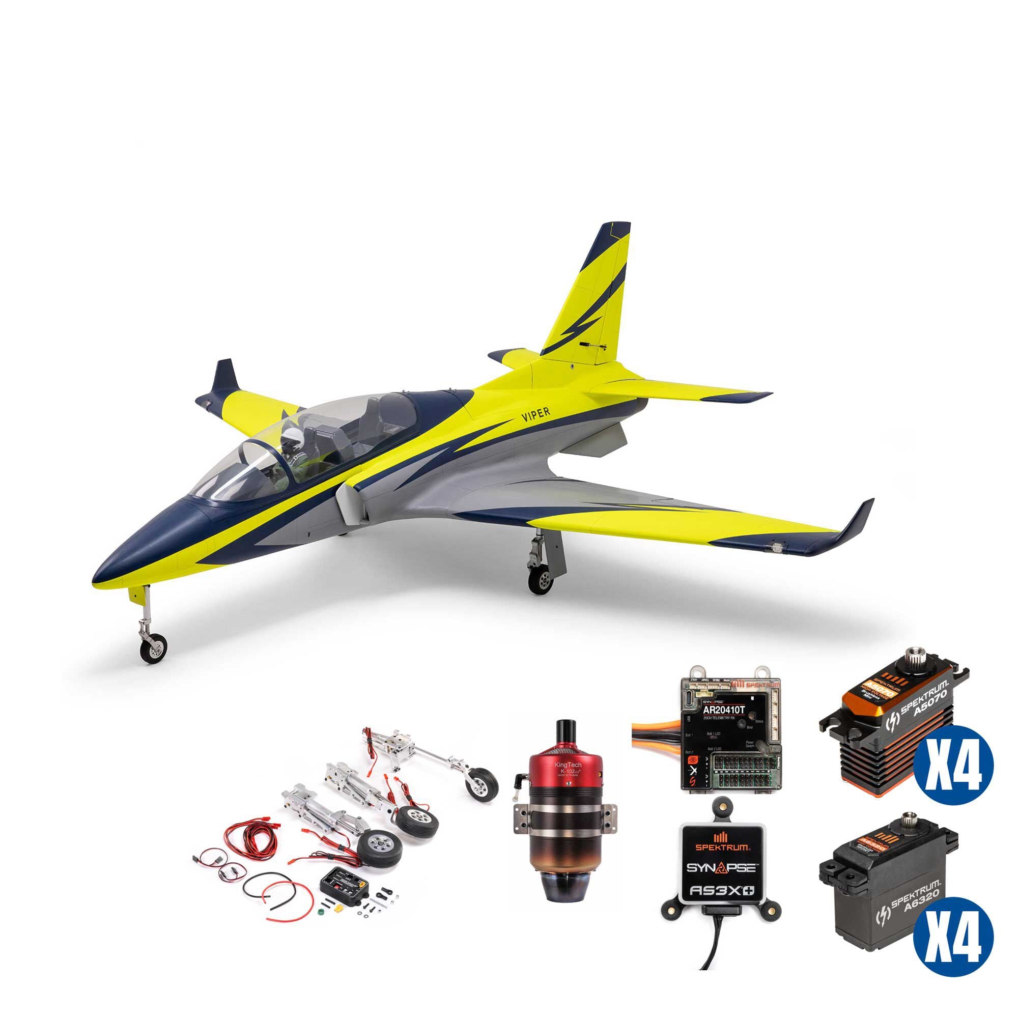 Hangar 9 Viper 100N Turbine Jet ARF with Retract Set, KingTech K-102G4+, 8 Spektrum Servos, Spektrum AR20410T Powersafe Receiver, and Synapse AS3X+ Module